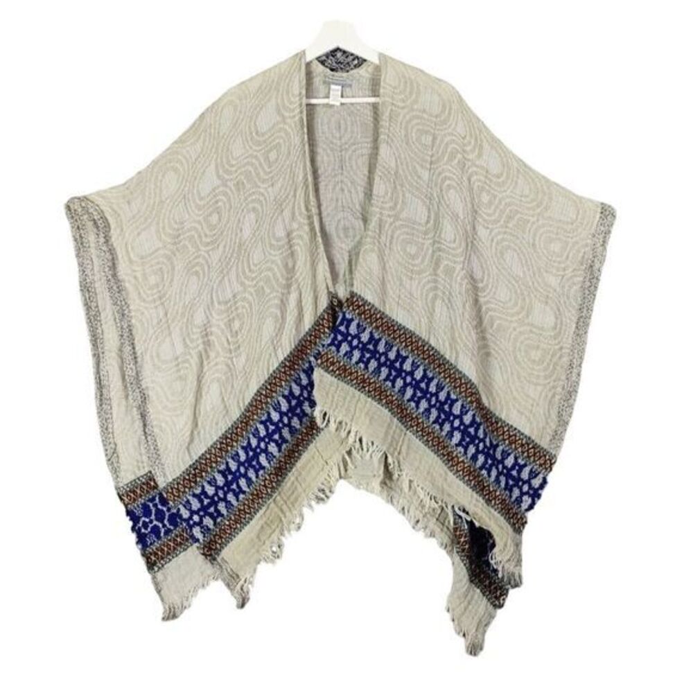 World Market Womens Rustic Boho Southwestern Kimono Wrap OS Beige Blue Fringe